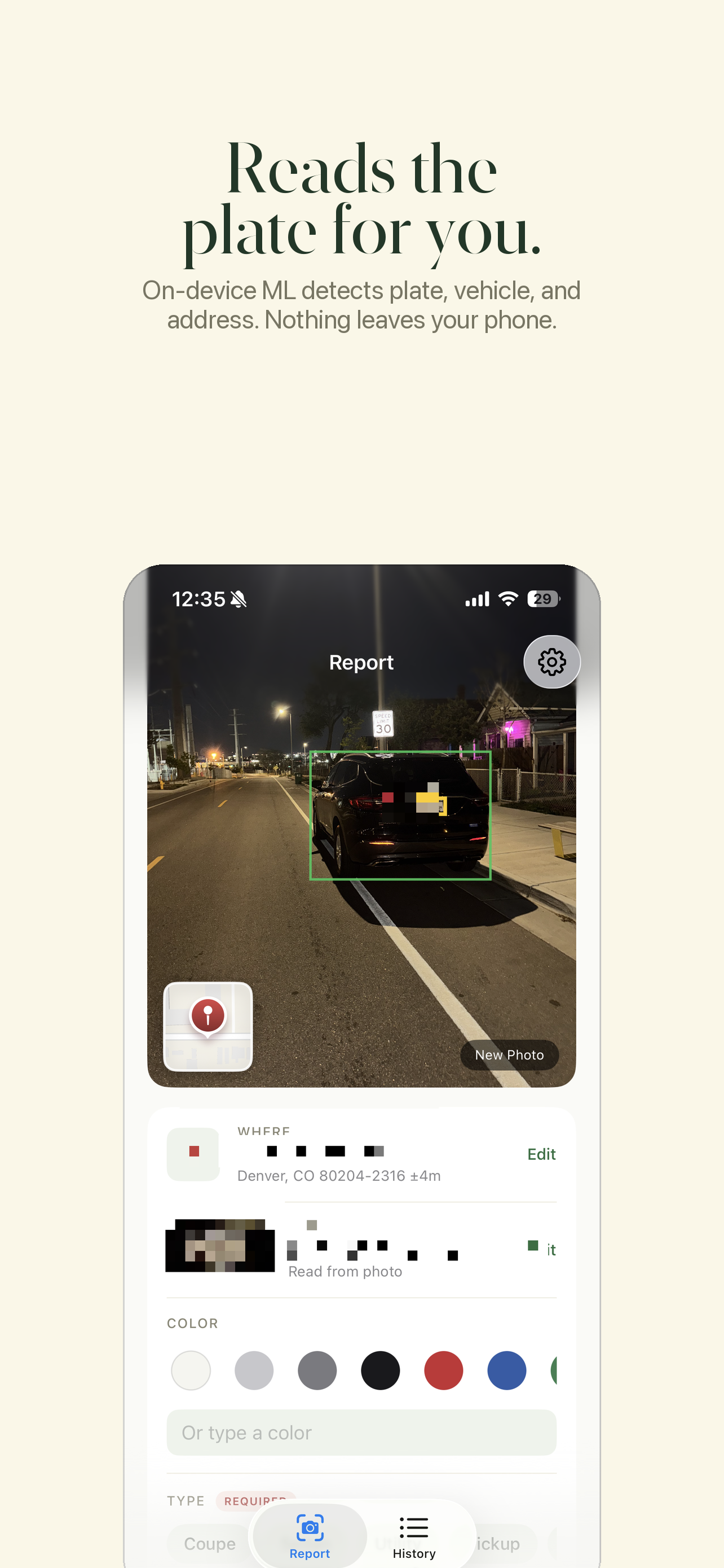 Report screen with recognized plate, vehicle, and address