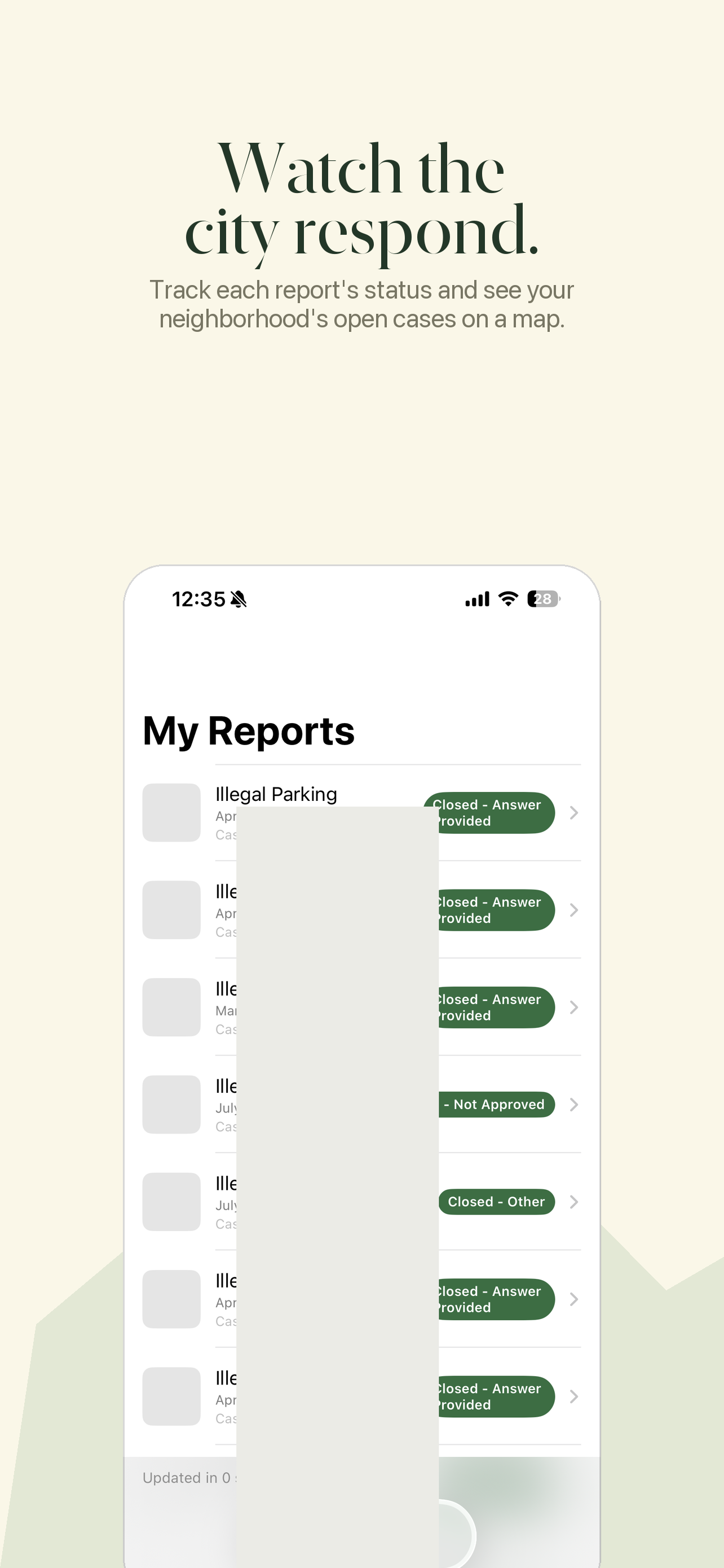 History tab listing previously submitted 311 reports